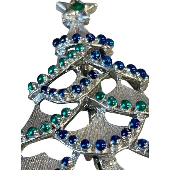 Vintage Gerry's Silver Tone Christmas Tree Pin Brooch Blue Green Rhinestones - Picture 2 of 4